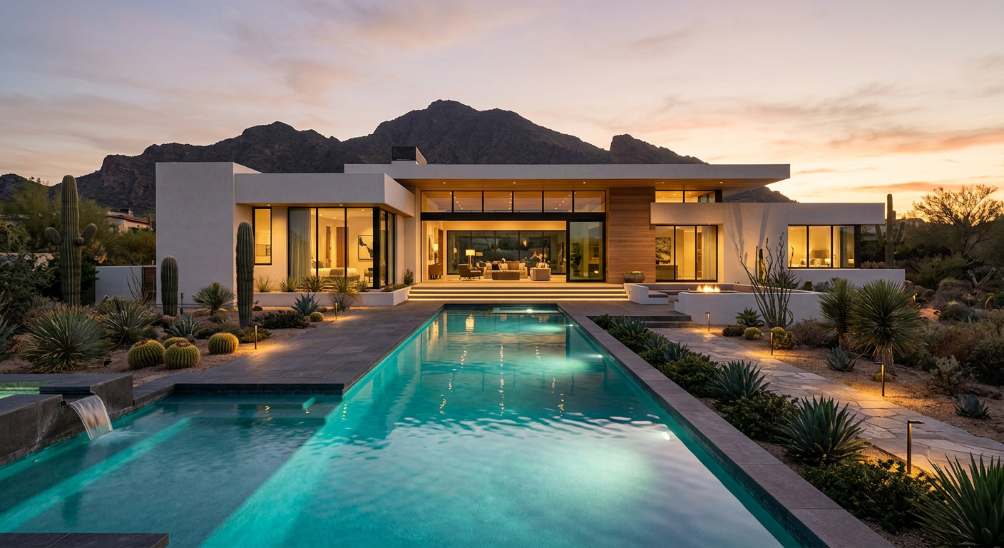 A modern Arizona home with a lit swimming pool at dusk, framed by desert landscaping and mountains
